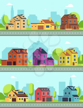 City street with buildings, suburban road and houses, cottages. Vector seamless horizontal cityscapes colored cottage suburban, road and facade illustration