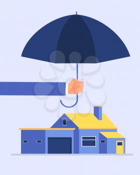 Insurer hand holding umbrella over house. Houses protection insurance vector business concept. Security house umbrella, protect and support mortgage illustration