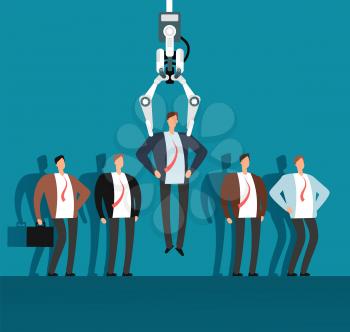 Robot recruiter with industrial claw choosing man from selected group of people. Recruitment, employment agency vector business concept. Robotic choose and select human recruit illustration