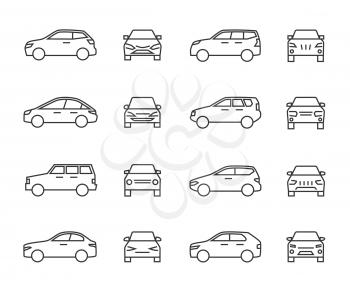 Cars front and side view line signs, auto symbols. Vehicle outline vector icons isolated on white background. Auto vehicle car, illustration of automobile transport