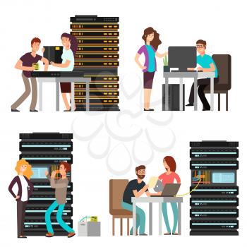 Man and woman engineers, technician working in server room. Digital computer center support. Vector illustration