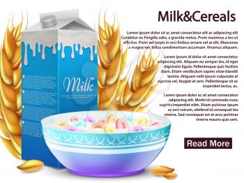 Milk and cereals realistic objects. Healthy breakfast vector concept for banner, background, web page illustration