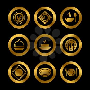 Kitchen plates and cutlery golden silhouette icons isolated on black. Restaurant vector symbols isolated illustration