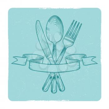 Hand drawn knife, spoon and fork in retro banner ribbons isolate on white. Vector illustration