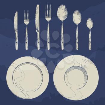 Vintage knife, fork, spoon and dishes in sketch engraving style. Cutlery set design isolated. Vector illustration