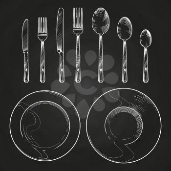 Vintage knife, fork, spoon and dishes in sketch engraving style. Hand drawing cutlery isolated on blackboard. Vector illustration