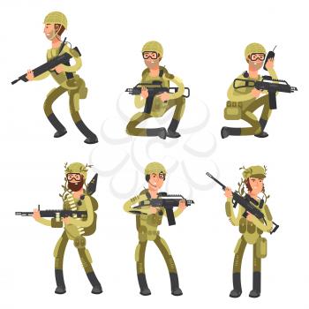 Army cartoon man soldiers in uniform isolated on white background. Military concept vector illustration
