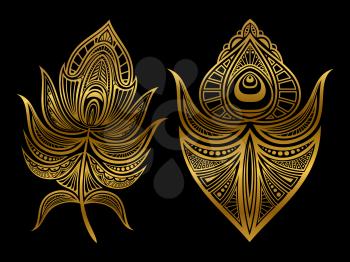 Golden abstract feathers of set isolated on black background. Vector illustration