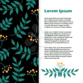 Floral banner vector design. Flyer with leaves and flowers embroidery illustration