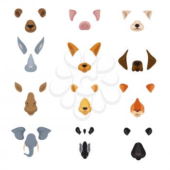 Funny animal faces for phone video chart app. Cartoon animals ears and noses vector set. Animal face and funny effect mask illustration