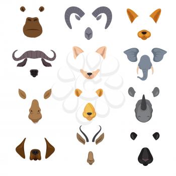 Video mobile chat animal faces. Cartoon animals masks isolated vector set. Mask photo avatar ram and monkey, rhinoceros and elephant illustration