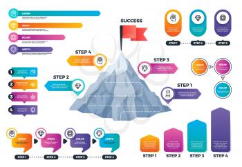 Steps to success infographics. Mountain graph with levels, achievement and mission business vector charts. Presentation graph and chart, diagram step data infographic illustration