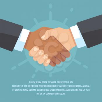Handshake of european and african american business partners. Respect, friendship, agreement and big deal vector flat concept. Illustration of partnership deal, teamwork agreement