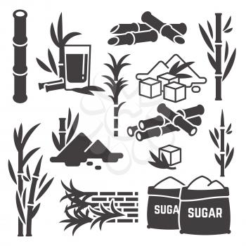 Sugar cane, sugarcane plant harvest vector silhouette icons isolated on white background. Illustration of sweet harvest plant agriculture