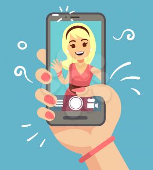 Young attractive woman taking selfie photo on smartphone outdoor. Beautiful girl portrait on phone screen. Cartoon vector illustration of woman selfie on smart phone