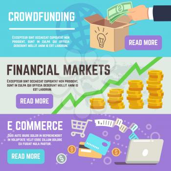 Crowdfunding banners. Business banking, e commerce and financial markets vector concepts. Financial online, banner crowdfunding illustration