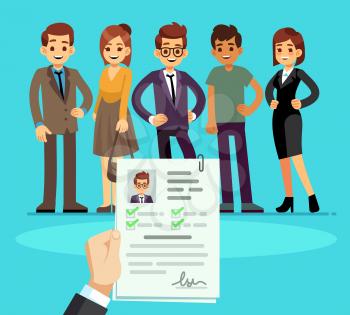 Recruitment. Recruiter choosing candidates with cv resume. Human resource and job interview vector concept. Illustration of human candidate, hiring resource