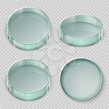 Empty glass petri dish. Biology lab dishes vector illustration isolated on transparent background. Lab glass for test, dish petri, medical glassware