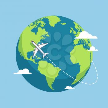 Plane and globe. Aircraft flying around Earth planet with continents and oceans. Flat vector illustration. Flight plane, world travel air