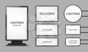 Light boxes. Retail lighting 3d billboards, retro cinema signs. Outdoor signage boards vector template. Advertising promotion, signboard and announcement lightbox screen illustration