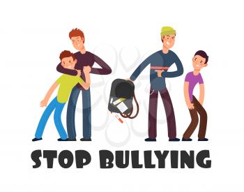 Stop bullying concept. Sad helpless kid. Negative persons and victim. Social problems vector background. Illustration of violence and harassment, bully childhood