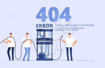 Page 404 error concept. Sorry, page not found web site template with server and network administrators. Vector background. Illustration of trouble page website, network problem