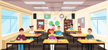 Pupils study in classroom interior. Pupils in school lesson vector concept. Study classroom interior with desk and chair. Vector illustration