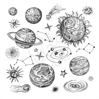 Hand drawn sun, planets, stars, comet, asteroid, galaxy. Vintage astronomical vector illustration in engraving style. Planet and comet, moon and sun, galaxy and asteroid
