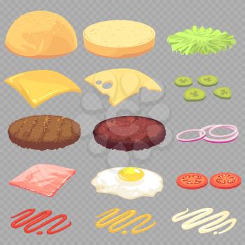 Sandwich, burger, cheeseburger food ingredients cartoon vector set isolated on transparent background. Vector cheese and meat, tasty and fast illustration