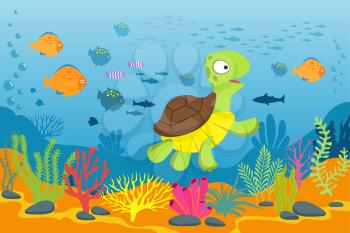 Turtle in underwater scene. Tortoise, seaweeds and fishes in ocean bottom. Cartoon marine vector background. Illustration of turtle under water ocean, marine life