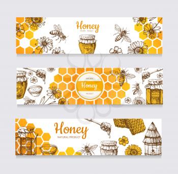 Honey banners. Vintage hand drawn bee and honeyed flower, honeycomb and hive vector labels. Illustration of healthy food, natural sweet hone web poster illustration