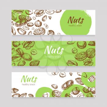 Eating nuts and seeds banners. Healthy food banner set in engraving style. Poster with nuts vintage drawing, vector illustration