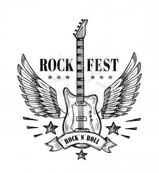 Guitar with wings. Music festival vintage poster. Rock and roll tattoo vector art. Rock guitar, festival music emblem with wings illustration