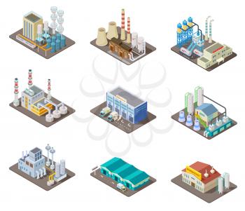Isometric factory set. 3d industrial buildings, power plant and warehouse. Isolated vector collection. Industrial factory and warehouse, industry 3d manufacture production illustration