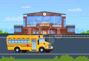 School building. College exterior with yellow bus. Education background. Elementary school vector concept. Vector bus college, school building illustration