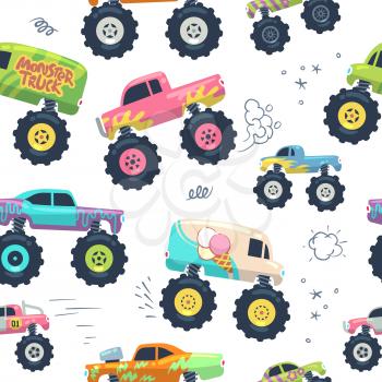 Monster cars seamless pattern. Kid trucks with big wheel. Vector endless background. Pattern and background seamless, monster car with large wheel illustration