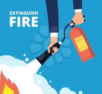 Extinguish fire. Fireman with fire extinguisher. Emergency training and protection from flame vector concept. Illustration of protection and danger burn, security accident
