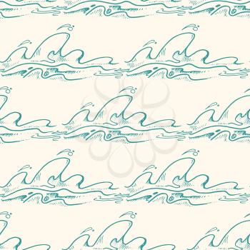 Green hand drawn waves vector seamless pattern. Background with sea wave illustration