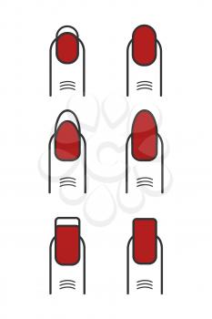Manicure with red nail polish vector icons set. Different nail collection illustration