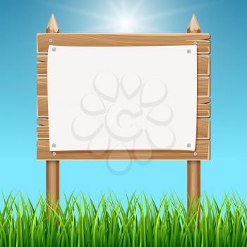 Wooden blank sign board with paper blue sky. Billboard with empty poster illustration