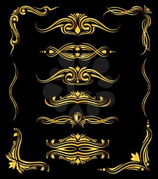 Golden ornate vector borders and corner elements over black. Template of abstract decor elements illustration