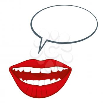 Open womans mouth with speech bubble vector illustration. Glamour open female month