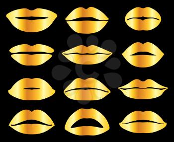Golden womans lips in misc expression vector icons set illustration