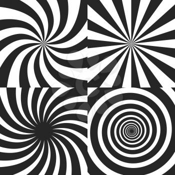 Psychedelic spiral with radial rays, twirl, twisted comic effect, vortex backgrounds - vector set. Psychedelic vortex black white spiral, effect of hypnotic radial swirl vortex illustration
