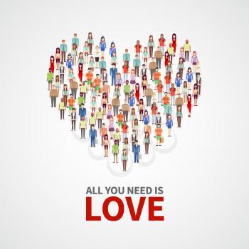 Happy people community, adult persons crowd in heart shape. All you need is love vector poster. Crowd of people, illustration of concept human love