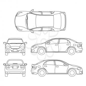Outline sedan car vector drawing in different point of view. Scheme sedan auto, illustration of documentation project car sedan