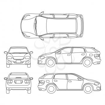 Line drawing of car white vehicle, vector computer art. Model of car, sketchy graphic transport car illustration