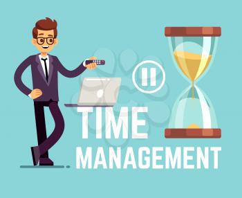 Time management business concept with cartoon businessman and clock. Vector illustration. Time and businessman, hourglass and laptop, control clock