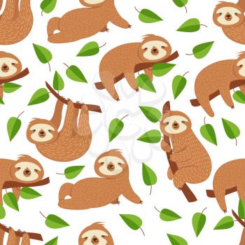 Cute baby sloth bear. Tropical bedroom vector seamless pattern. Illustration of sloth lazy endless background