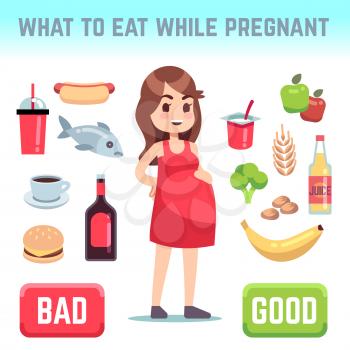 Pregnant woman dieting. Bad and good food during pregnancy. Pregnant family diet vector infographic. Illustration of woman pregnancy diet, healthy food for mother